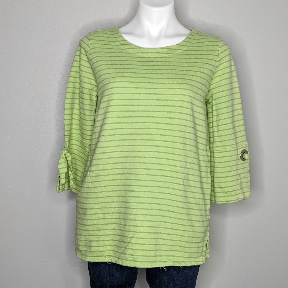 Soft Surroundings green grey striped sweatshirt S